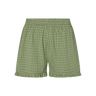 Green plaid boxer-style shorts with a ruffle detail at the bottom on a white background.