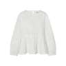 White eyelet long sleeve blouse with peplum bottom on a white background.