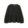 Black eyelet long sleeve blouse with peplum bottom on a white background.