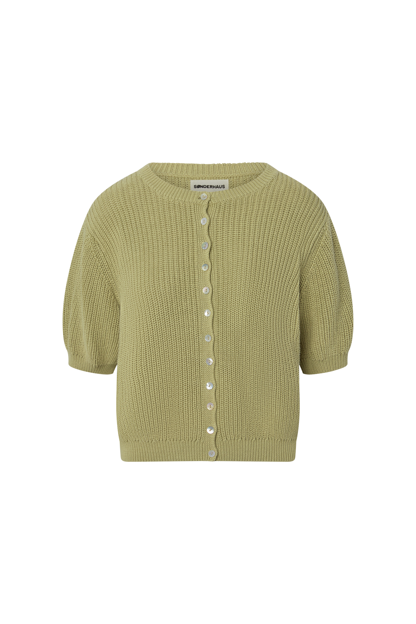 Green knitted short sleeve cardigan on a white background.