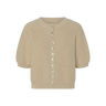 Beige knitted short sleeve cardigan on a white background.