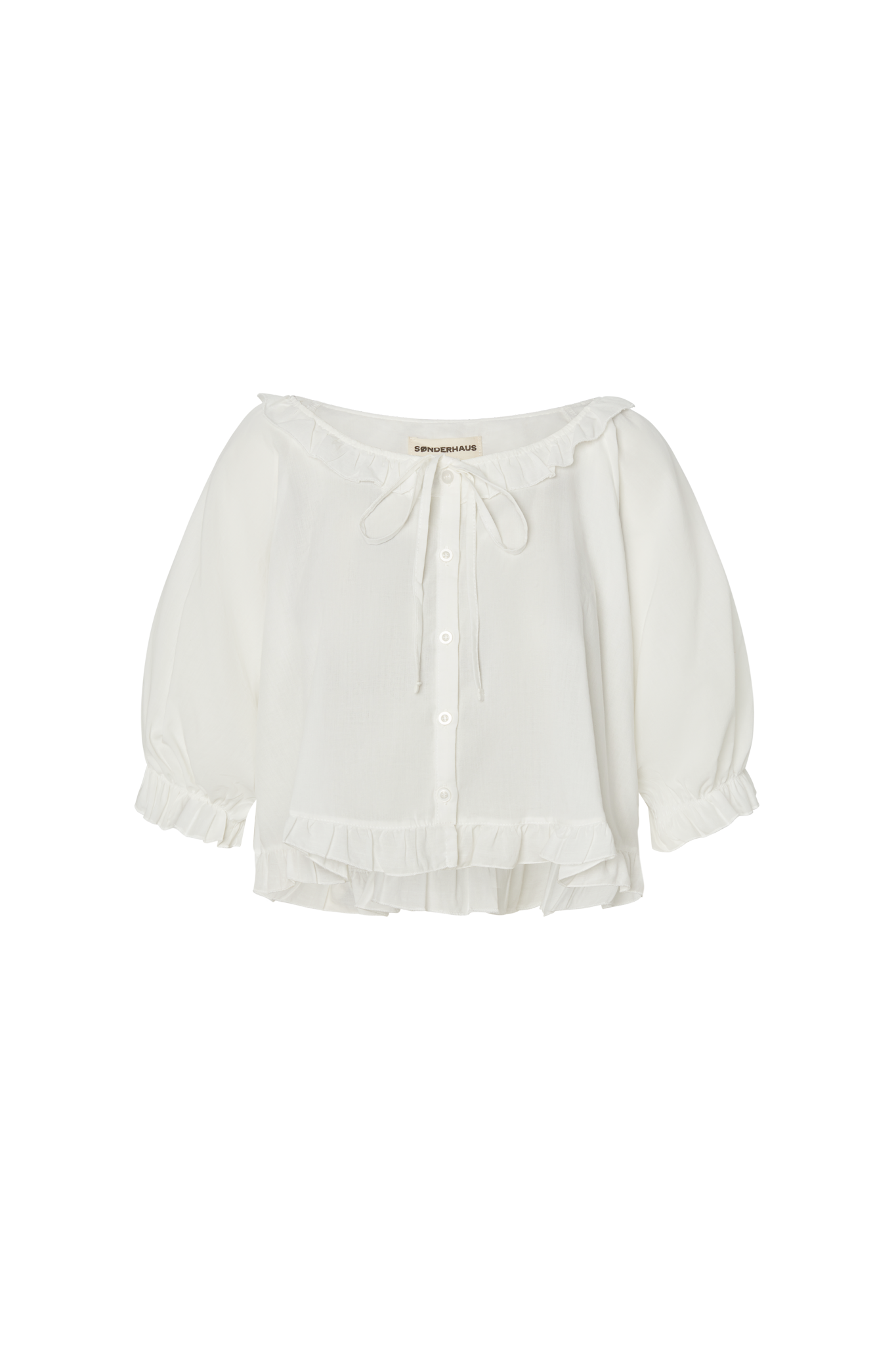 White blouse with ruffled sleeves on a white background