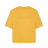 A yellow short-sleeve crewneck t-shirt with the phrase 'A Girl is a Sun!' printed in a subtle, tonal cursive font across the chest, displayed on a solid white background.