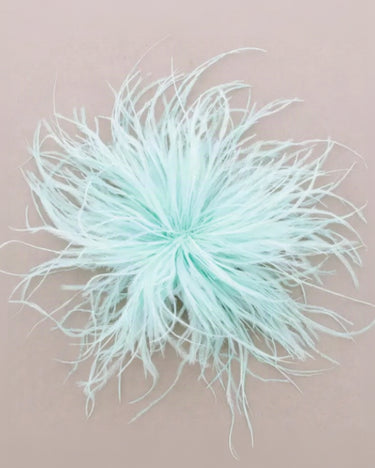 A light mint green feather embellishment with delicate wispy strands, displayed against a solid dusty pink background.