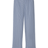 Blue striped pants with ruffled ankle hem on a white background.