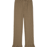 Brown gingham pants with ruffled ankle hem on a white background.