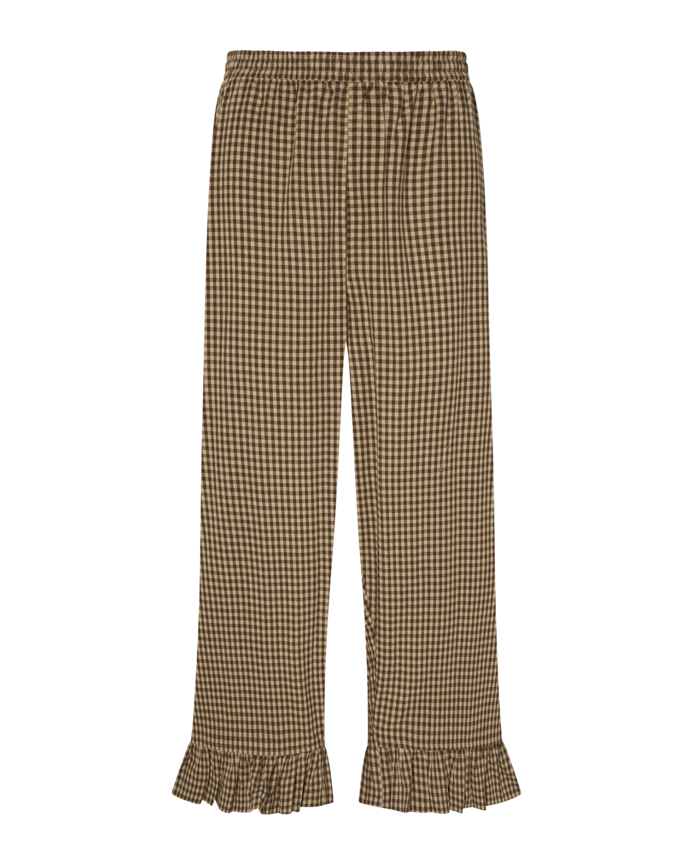 Brown gingham pants with ruffled ankle hem on a white background.