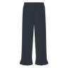 Navy pants with ruffled ankle hem on a white background.