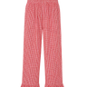 Red gingham pants with ruffled hem on a white background