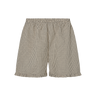 Black plaid boxer-style shorts with a ruffle detail at the bottom on a white background.