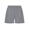 Blue plaid boxer-style shorts with a ruffle detail at the bottom on a white background.