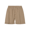 Brown plaid boxer-style shorts with a ruffle detail at the bottom on a white background.