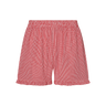 Red gingham boxer-style shorts with a ruffle detail at the bottom on a white background.