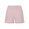 Pink plaid boxer-style shorts with a ruffle detail at the bottom on a white background.