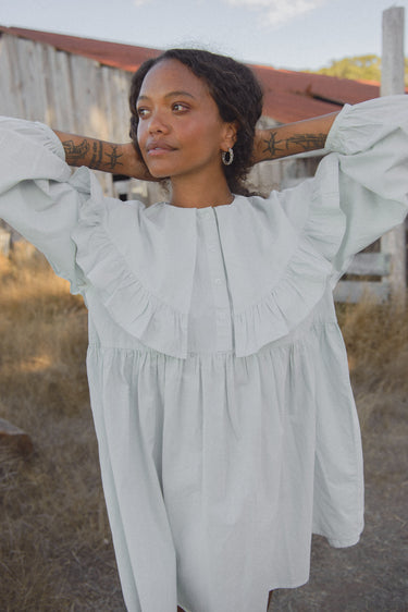 Woman standing in a field wearing a light blue, long-sleeved, ruffled collared short dress.