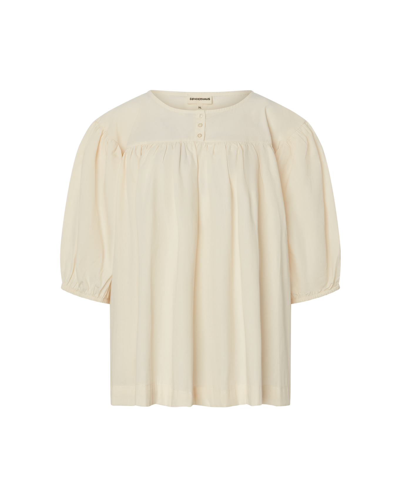 Cream babydoll-style blouse with short balloon sleeves on a white background.