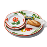 A set of white ceramic plates with a colorful floral and leaf pattern, shown with a sandwich on white paper and a small packaged snack on a white background.