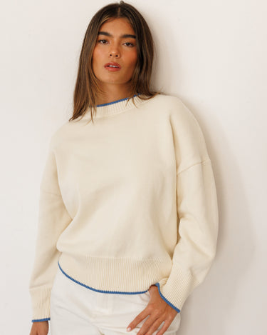 Gwendolyn Sweater in Cream with Blue Trim