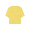 Yellow t-shirt with darker yellow text that says 'A Girl is a Sun!" on a white background.