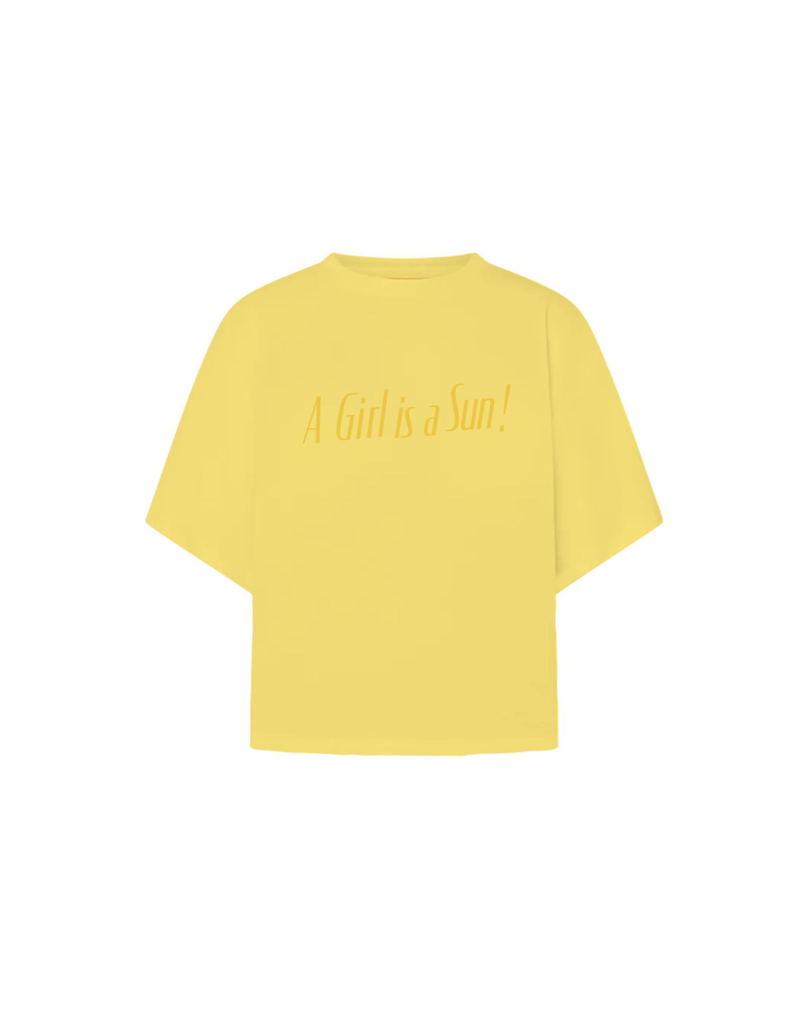 Yellow t-shirt with darker yellow text that says 'A Girl is a Sun!