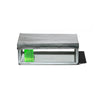 Metallic box with a green label on a white background