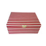 Hexagonal red and white striped box with a gold emblem on a white background