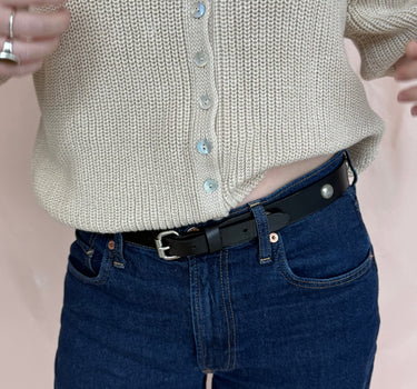 Black Leather Concho Studded Belt in Nickel