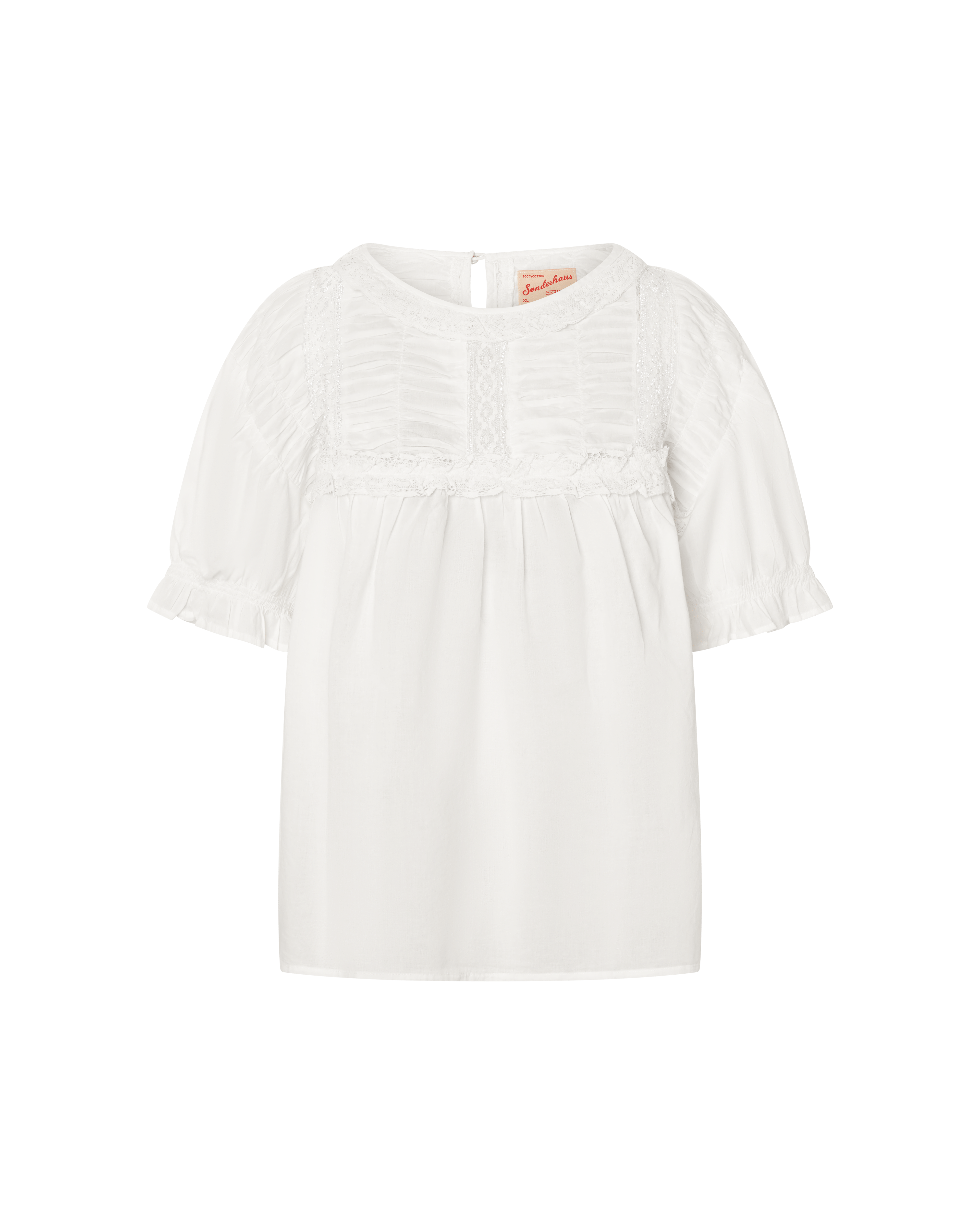 White blouse with ruffled sleeves on a white background.