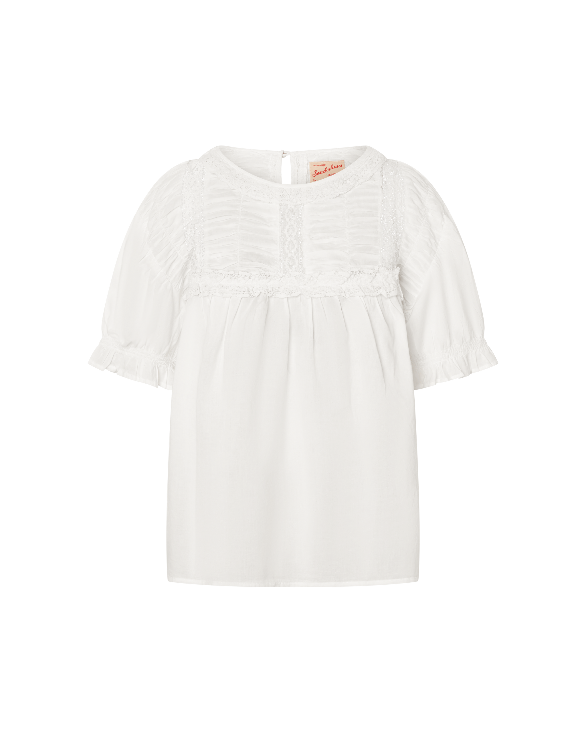 White blouse with ruffled sleeves on a white background.