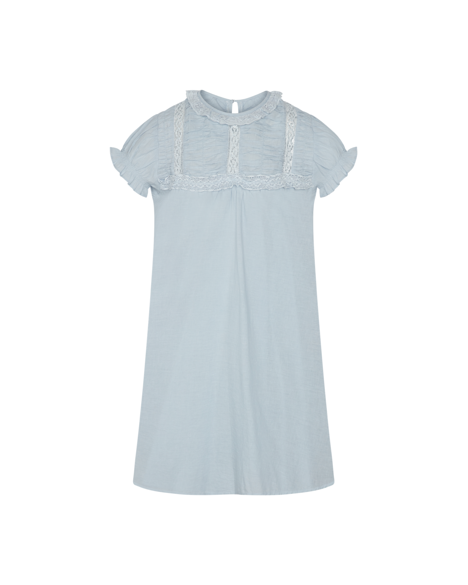 Light blue dress with lace details on a white background