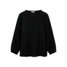 Black knit sweater with rolled hems on a white background.