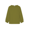 Green knit sweater with rolled hems on a white background