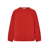 Red knit sweater with rolled hems on a white background.