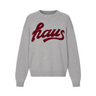 Gray sweater with red text on a white background