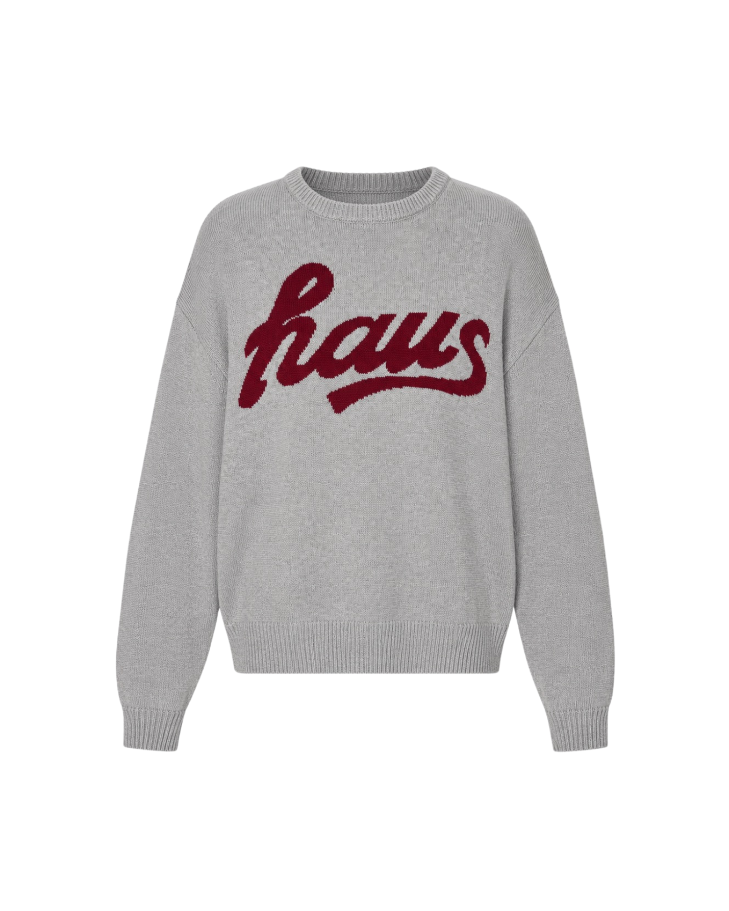 Gray sweater with red text on a white background
