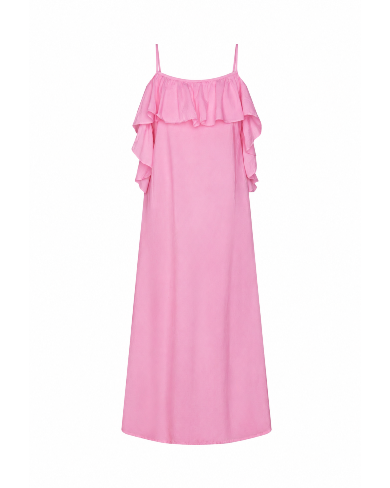 Pink dress with ruffled bodice on a white background