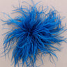 A bright blue feather cluster arranged in a circular burst on a plain beige background.