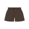 Brown shorts with a drawstring waist on a white background.