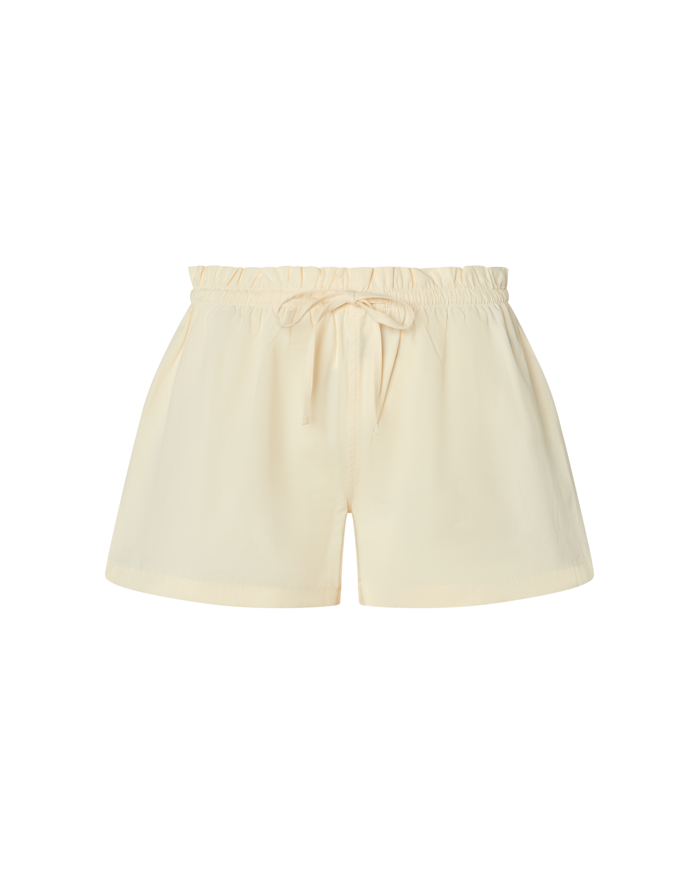 Cream shorts with a drawstring waist on a white background.