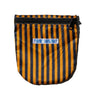 A zippered pouch with vertical navy blue and orange stripes, featuring a small blue label on the front on a white background.