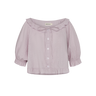 Light purple blouse with a bow neckline on a white background