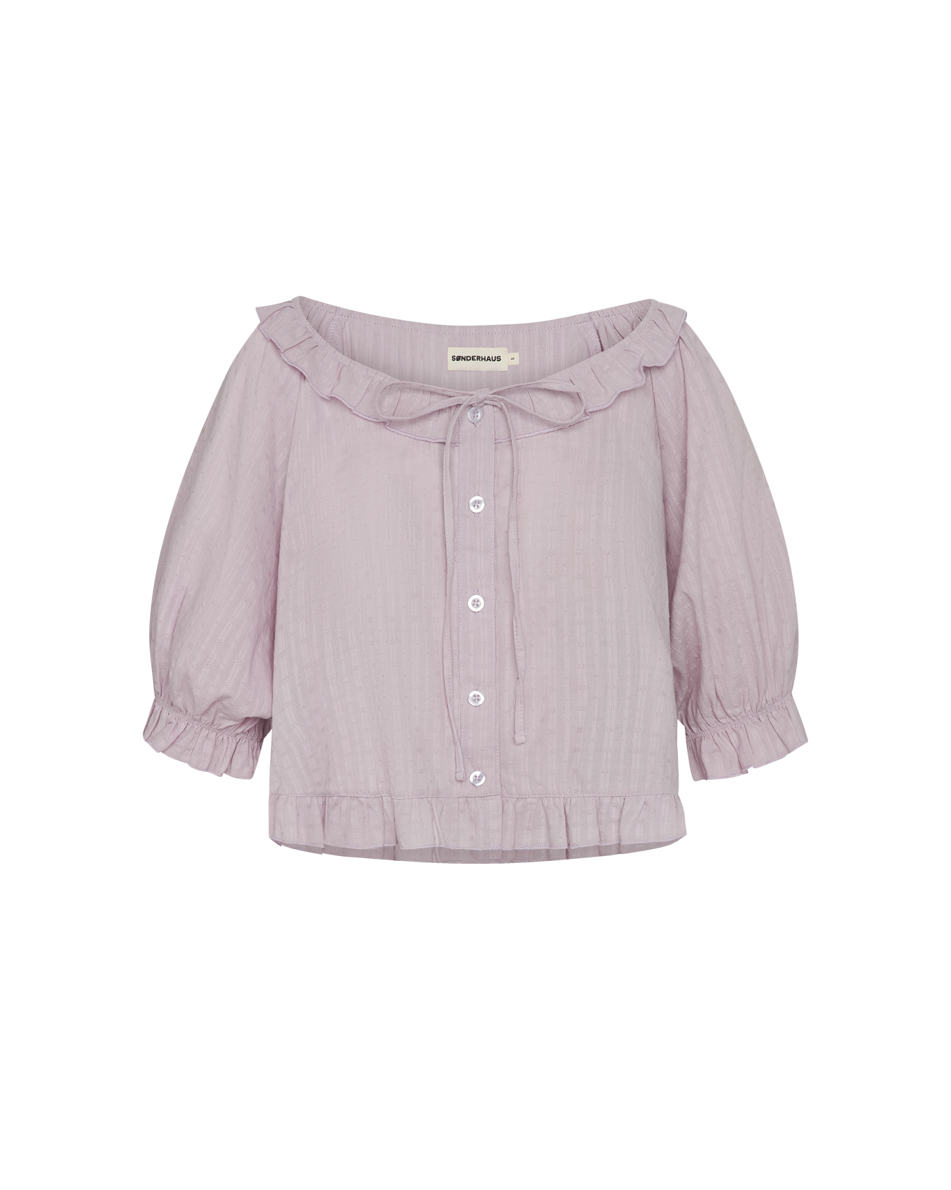 Light purple blouse with a bow neckline on a white background