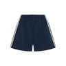 Navy blue athletic shorts with white side stripes, displayed flat against a solid white background.