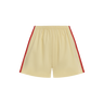 Beige athletic shorts with red side stripes, displayed flat against a solid white background.