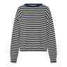 Navy blue and white striped sweater on a white background.