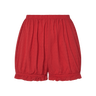 Red eyelet, bloomer-style shorts with ruffled hem on a white background.