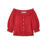 Red eyelet, button-up blouse with a ruffled neckline and short sleeves on a white background.