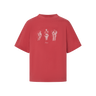 Red t-shirt with graphic design on a white background