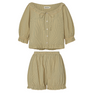 Green striped, button-up blouse with a ruffled neckline and matching bloomer-style shorts set on a white background.