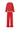 Red long sleeve blouse with a ruffled collar and matching pants with a ruffled hem on a white background.